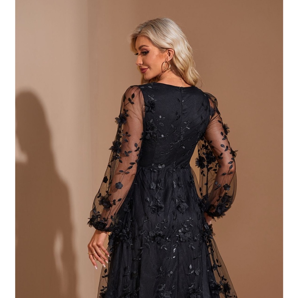 JJs House Medium V-Neck Long Sleeve A-line Jacquard Tulle Midi Dress  FREE SHIP - Picture 2 of 8
